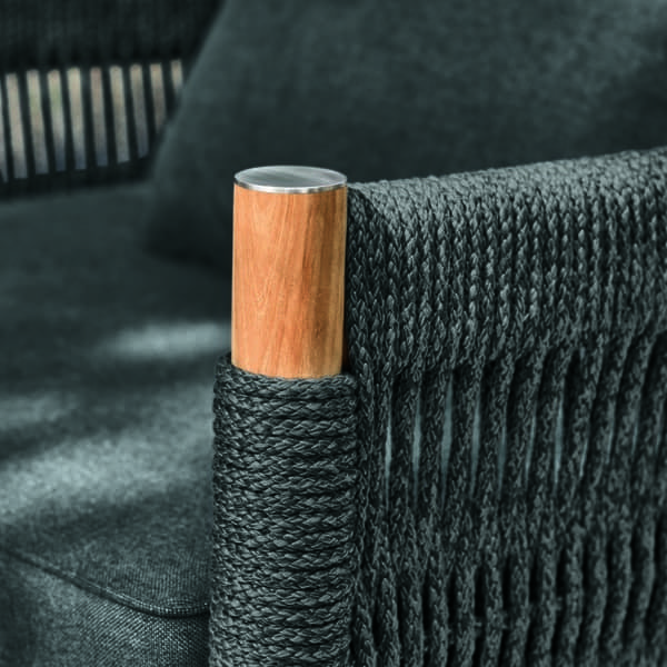 Cavo Sessel mit wetterfester Kordel in edlem Grau auf einem Teakrahmen 