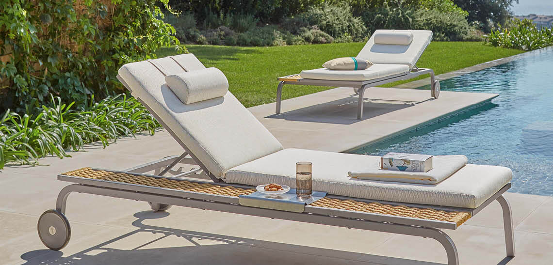 Hochwertige Sonnenliegen aus Teak, Edelstahl, Aluminium Garpa