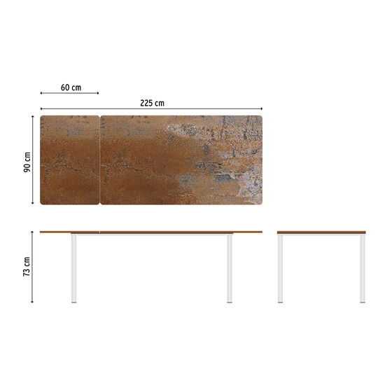 Portland Ausziehtisch Edelstahl 165-225 x 90 Tischplatte Kunstharz Patina Graubraun