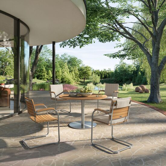 Ronda Mittelfußtisch Edelstahl rund 120 Tischplatte Teak