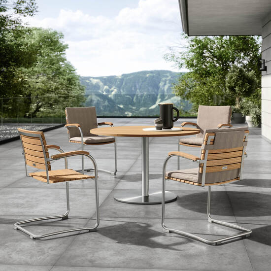 Ronda Mittelfußtisch Edelstahl rund 120 Tischplatte Teak & mehr Garpa
