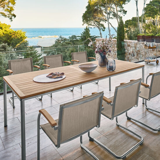 Portland Tisch Edelstahl 220 x 100 Tischplatte Teak