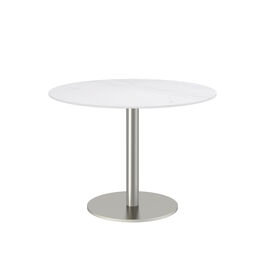 Ronda Mittelfußtisch Edelstahl rund 100 Tischplatte Keramik Weiß marmoriert