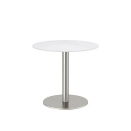 Ronda Mittelfußtisch Edelstahl rund 80 Tischplatte Keramik Weiß marmoriert