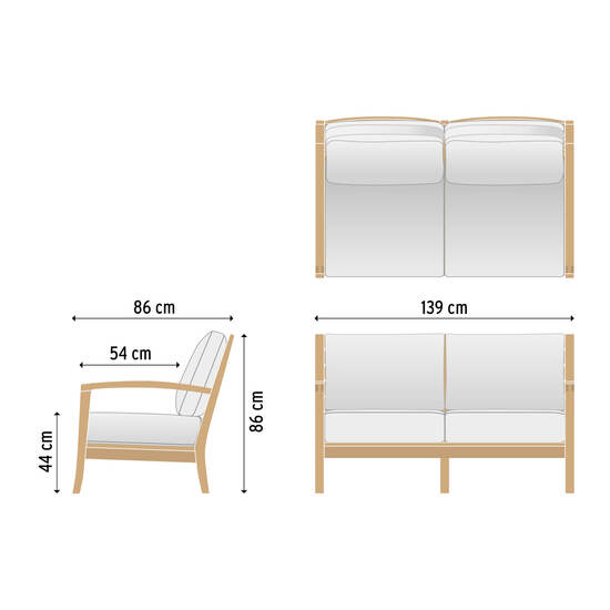 Gartenmöbel-Loungemöbel-Gartenstuhl-Auflagen-Zweisitzer-Element mit Armlehne-Rückenwand-Teakholz