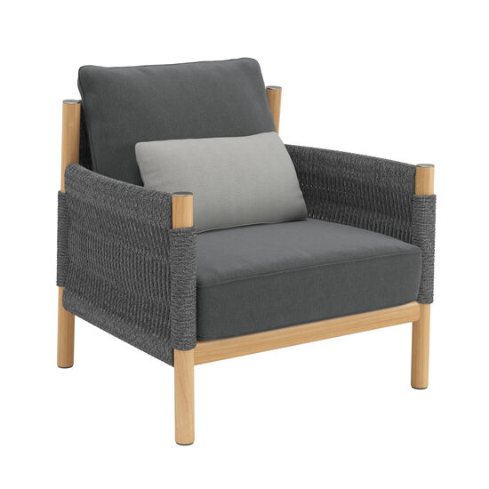 Gartenmöbel-Loungemöbel-Sessel,Hocker & Poufs-Auflagen-Element mit Armlehne-Rückenwand-Teakholz-Edelstahl-Geflecht-Polyester