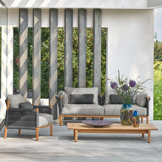 Gartenmöbel-Loungemöbel-Sofas-Auflagen-Kissen-Element mit Armlehne-Rückenwand-Teakholz-Edelstahl-Geflecht-Polyester