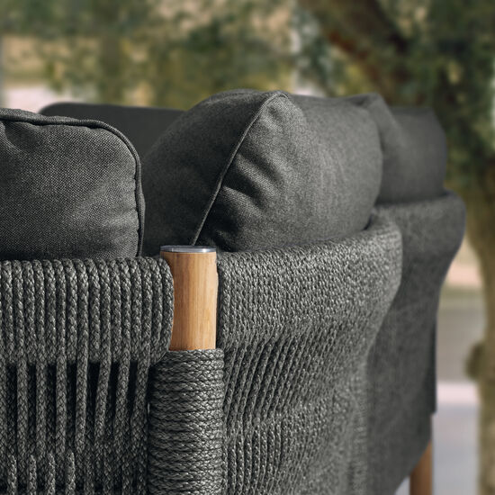 Gartenmöbel-Loungemöbel-Sofas-Auflagen-Kissen-Element mit Armlehne-Rückenwand-Teakholz-Edelstahl-Geflecht-Polyester